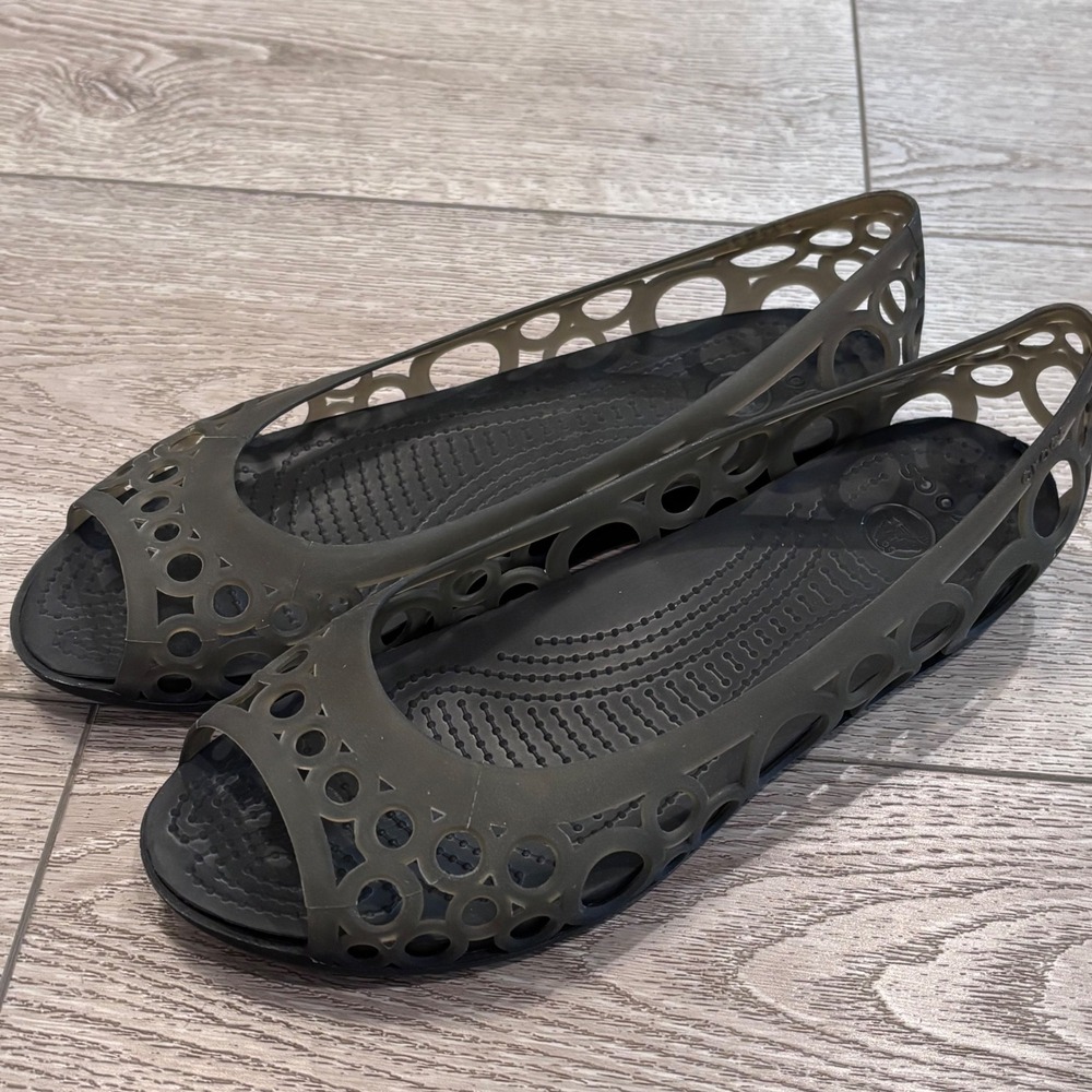 Crocs Adrina Peep Toe Flat Womens 9 Black Jelly Cutout Comfort Slip On Shoes